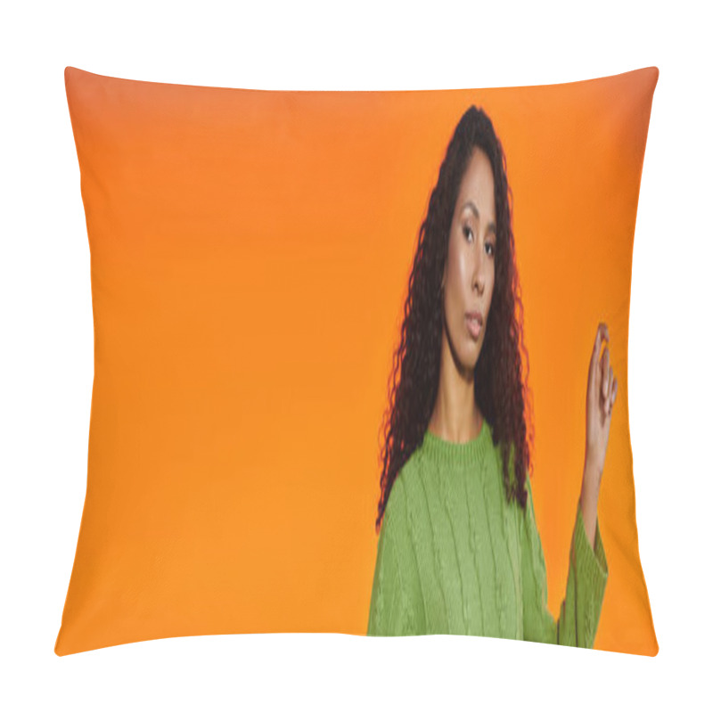 Personality  In A Striking Green Sweater, A Beautiful Woman Poses Confidently Against A Warm Orange Background. Pillow Covers