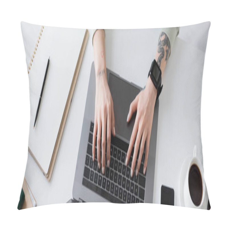 Personality  Top View Of Tattooed Freelancer Using Laptop Near Notebooks And Coffee Cup On Table, Banner  Pillow Covers