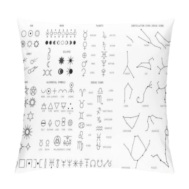 Personality  Zodiac Sings Constellation, Alchemy Astrology Astronomy Symbols, Isolated Icons. Planets, Stars Pictograms. Big Esoteric Set In Line Art Black And White Color Geometric Art Pillow Covers