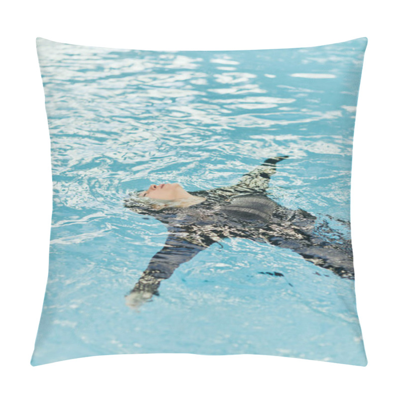 Personality  Carefree Woman In Black Clothes Swimming In Blue Water Of Public Swimming Pool In Luxury Resort In Miami, Shimmering Water, Freedom, Summer Getaway, Relaxation, Resort In Miami  Pillow Covers