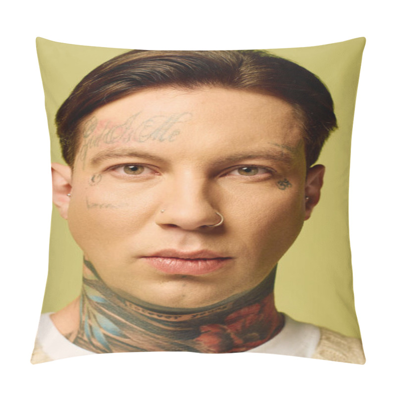 Personality  The Young Man Showcases Intricate Tattoos On His Face And Neck While Posing Confidently. Pillow Covers