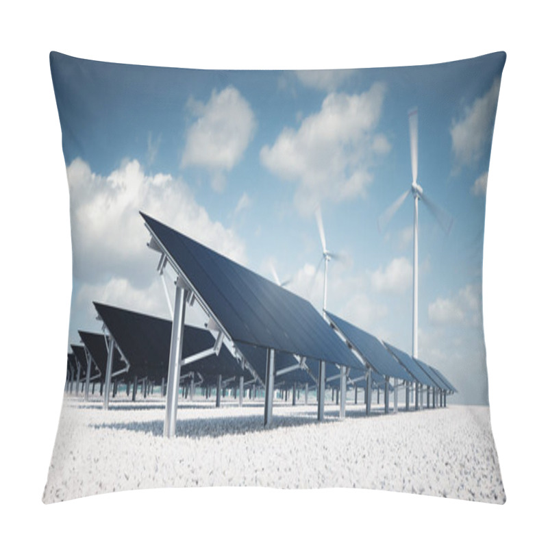 Personality  Modern And Futuristic Aesthetic Black Solar Panels Of Large Photovoltaic Power Station With Wind Turbines In Background In Nice Sunny Afternoon Weather With Partial Cloudy Blue Sky. 3d Rendering. Pillow Covers