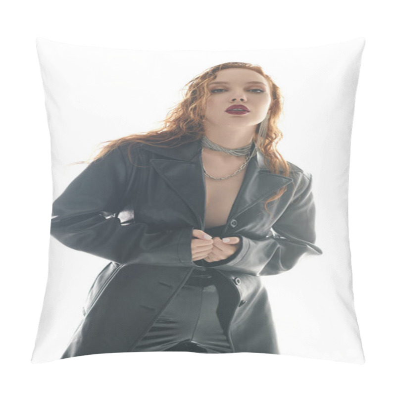 Personality  A Stylish Woman With Red Hair Models An Elegant Look, Exuding Confidence And Flair. Pillow Covers