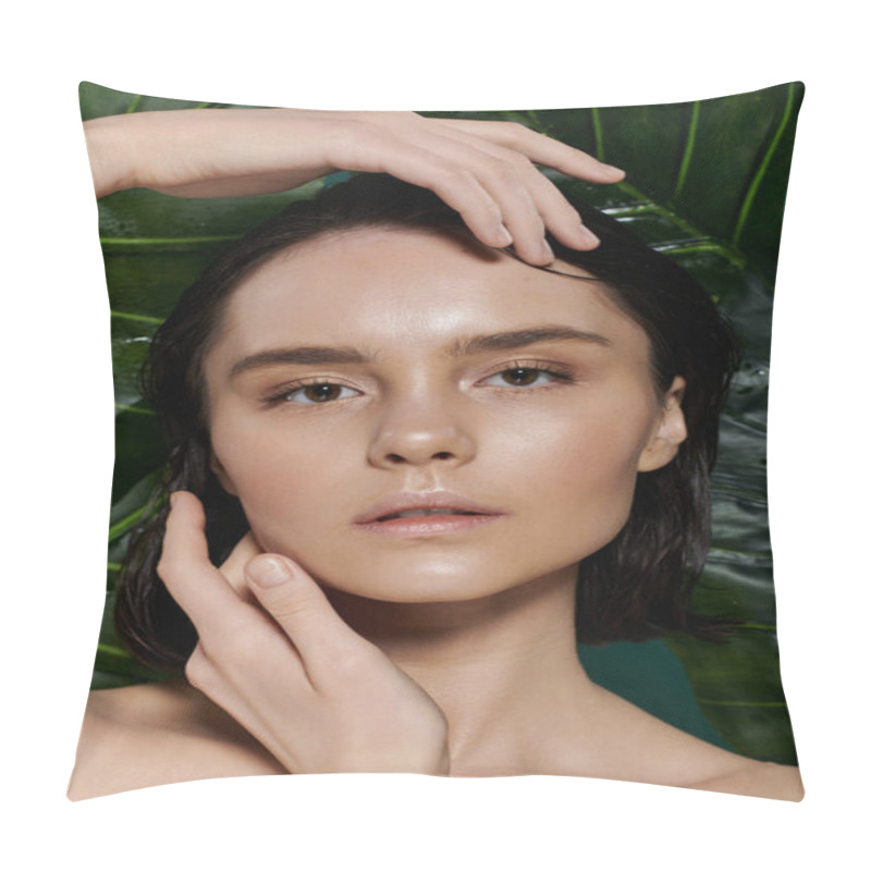 Personality  A Woman With Dark Hair Poses Amongst Vibrant Green Foliage. Pillow Covers