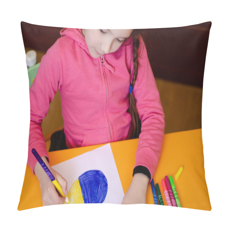 Personality  High Angle View Of Girl Drawing Heart With Ukrainian Flag On Yellow Desk  Pillow Covers