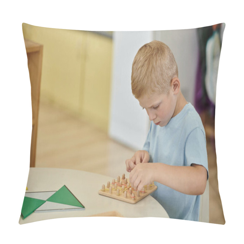 Personality  Boy Playing With Rubber Bands And Wooden Board On Table During Lesson In Montessori School Pillow Covers