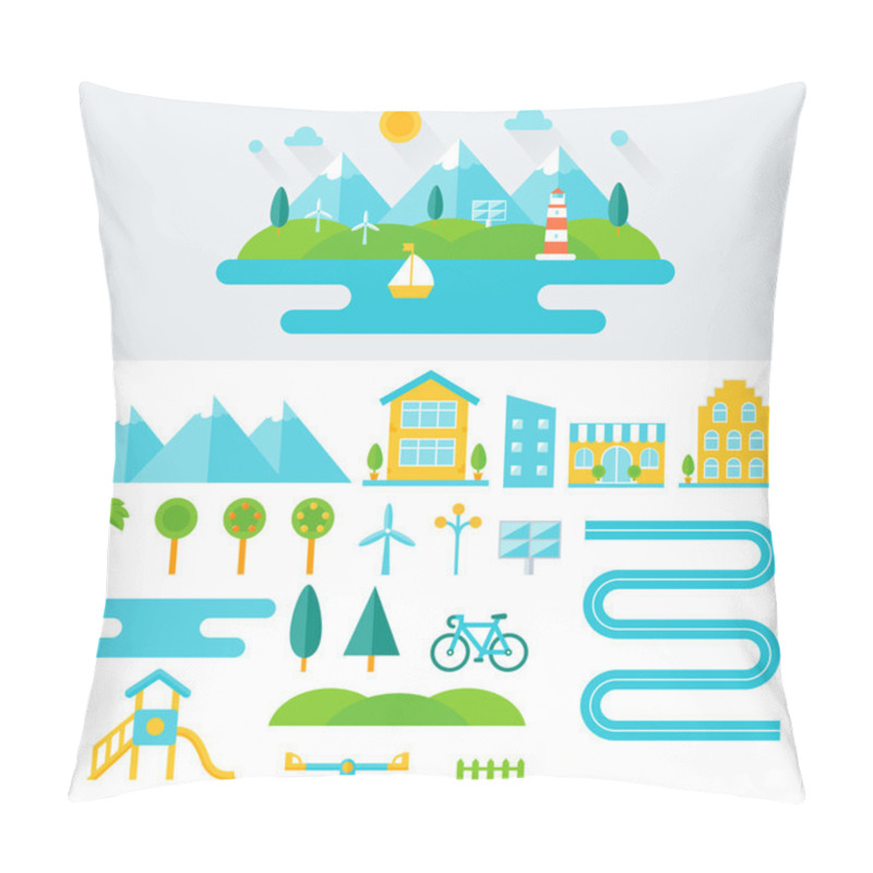 Personality  Mountain Landscape Illustration And Set Of Elements. Eco-friendly Lifestyle And Sustainable Living Concept. Flat Design Pillow Covers