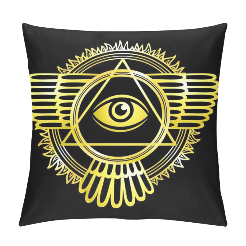 Personality  Esoteric Winged Sign Of A Pyramid. A Gold Silhouette On A Black Background. Disk Of The Sun. Vector Illustration. Pillow Covers