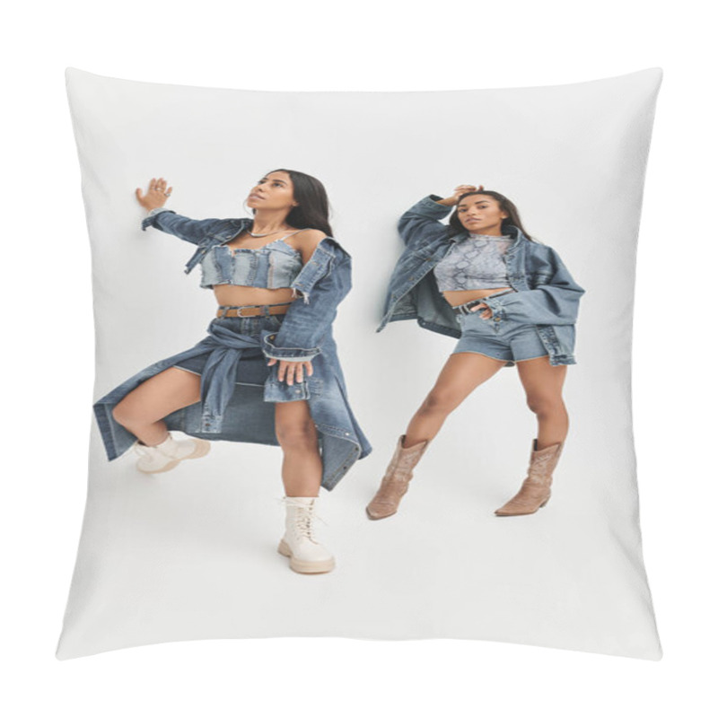 Personality  A Fashion Forward Young Woman Displays Her Stylish Denim Ensemble While Striking Dynamic Poses. Pillow Covers