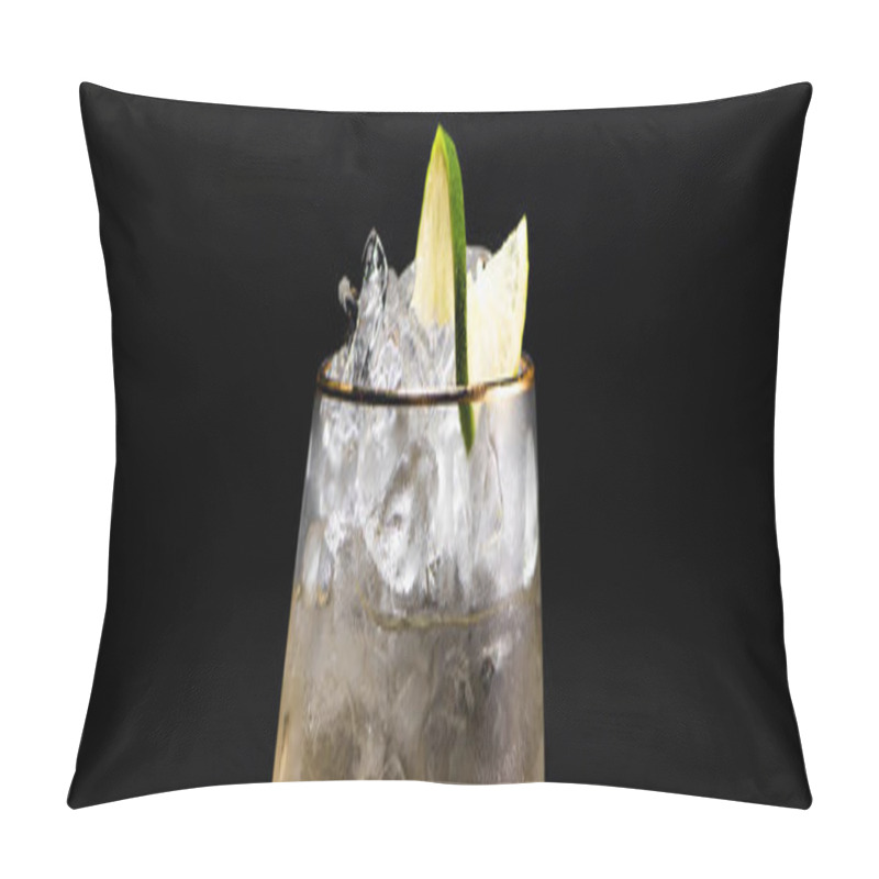 Personality  Transparent Glass With Ice And Golden Liquid Garnished With Lime Isolated On Black, Panoramic Shot Pillow Covers