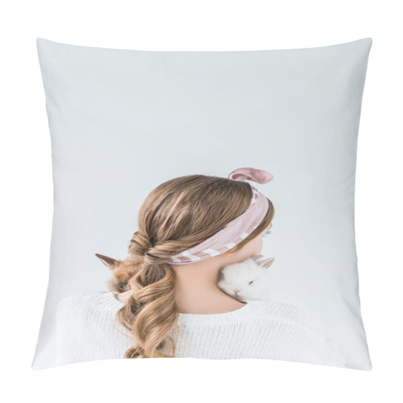 Personality  Back View Of Girl Holding Adorable Furry Rabbits Isolated On White Pillow Covers