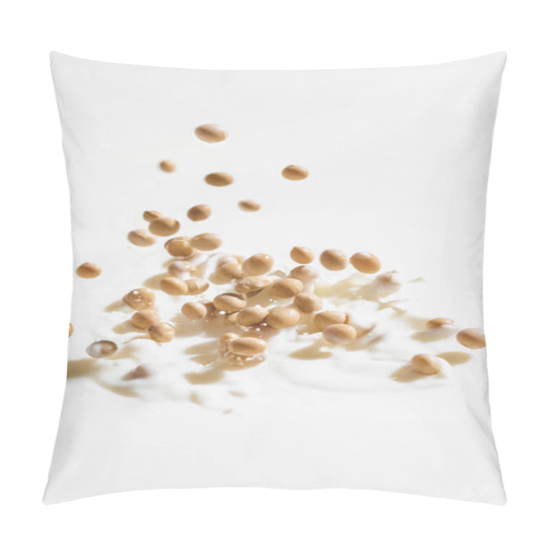 Personality  Raw Soybeans Splashing In Milk On White Background Pillow Covers