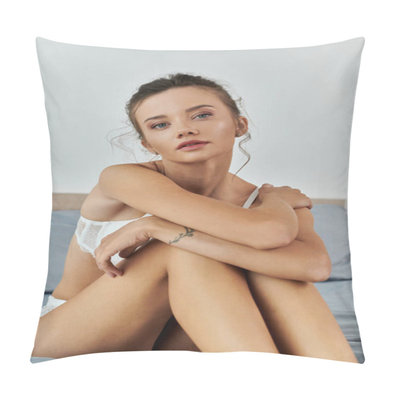 Personality  A Young Woman Sits Gracefully On A Bed, Exuding Confidence In Delicate Lingerie. Pillow Covers