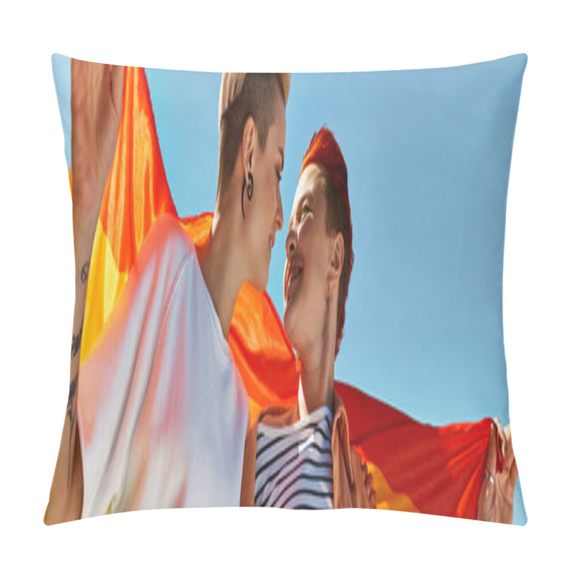 Personality  A Young Couple Proudly Holding A Rainbow Flag Outdoors, Showcasing Support For The LGBTQ Community. Pillow Covers