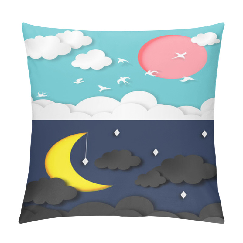 Personality  Day And Night Time Concept With Paper Art Style Background Abstract Vector And Illustration Pillow Covers