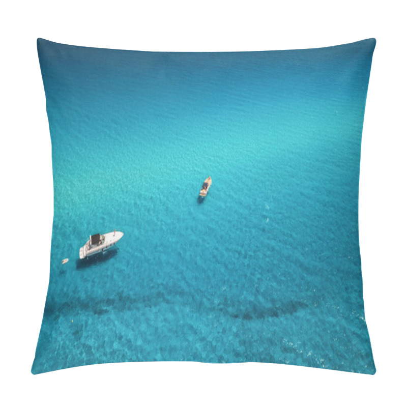 Personality  Aerial View Of Beautiful Luxury Yacht And Boat In Blue Sea At Sunset In Summer. Sardinia Island, Italy. Top View Of Speed Boat, Sea Coast, Azure Clear Water. Travel. Tropical Landscape. Yachting Pillow Covers