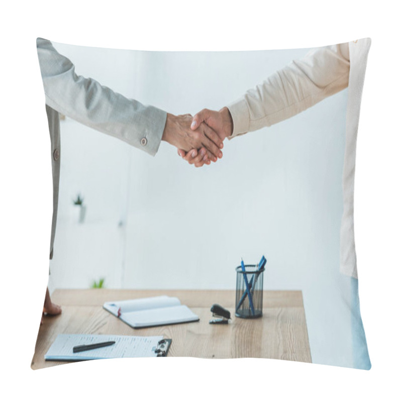 Personality  Cropped View Of Man And Recruiter Shaking Hands Near Table  Pillow Covers