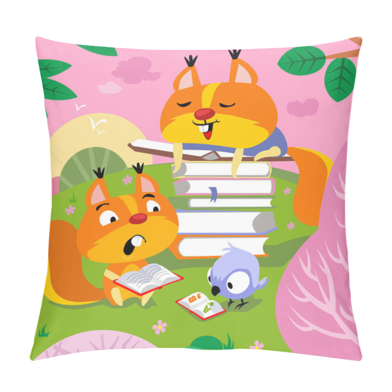 Personality  Cute Squirrels Are Reading In Spring Meadow. Background With Flowering Trees. Hand Drawn Full Color Children Illustration. Vector Flat Cartoon Picture. Pillow Covers