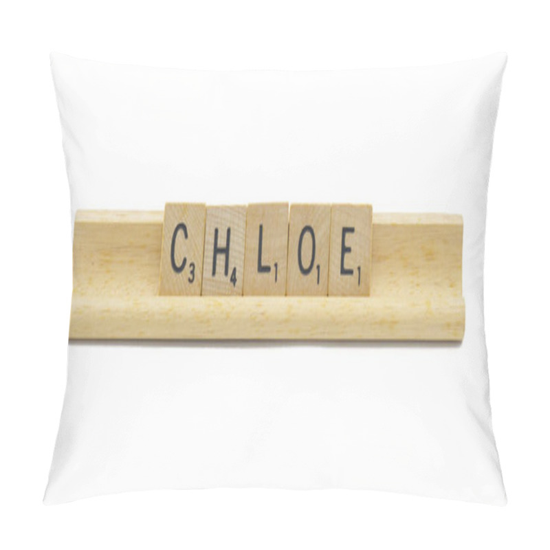 Personality  Miami, FL 4-18-24 Popular Newborn Baby Girl First Name Of CHLOE Made With Square Wooden Tile English Alphabet Letters With Natural Color And Grain On A Wood Rack Holder Isolated On White Background Pillow Covers