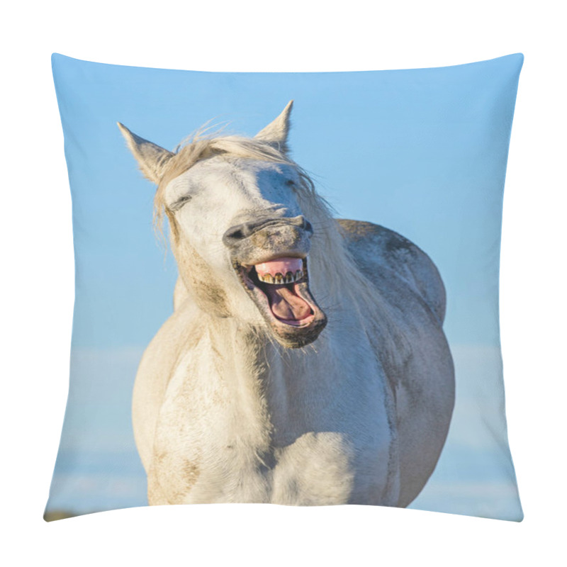 Personality  Funny Portrait Of A Laughing Horse. Camargue White Horse Yawning, Looking Like He Is Laughing. Close Up Portrait. Pillow Covers