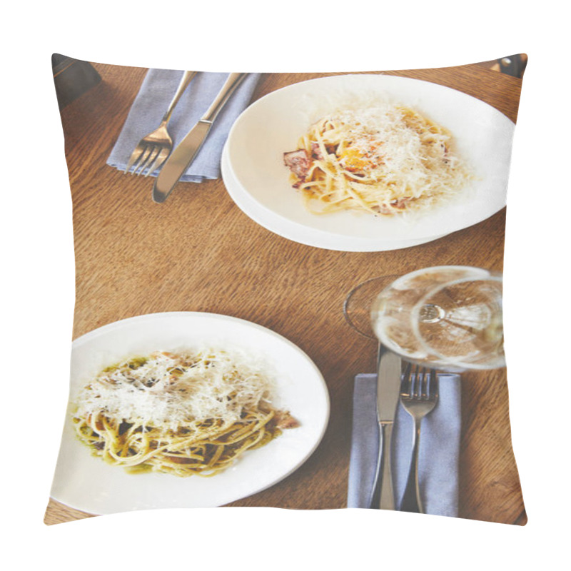 Personality  Pasta Carbonara And Spaghetti With Mushrooms On Table Pillow Covers