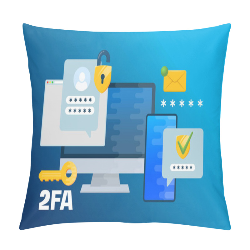 Personality  Two Factor Autentication Security Illustration. Login Confirmation Notification With Password Code Envelope Message. Smartphone, Mobile Phone And Computer App Account Shield Lock Icons Blue Background Pillow Covers