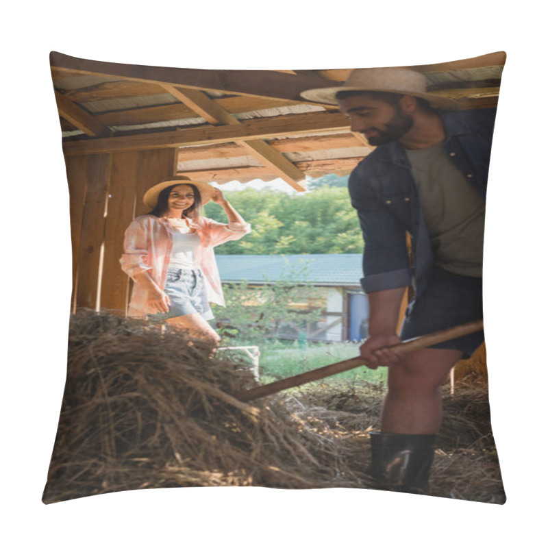 Personality  Cheerful Woman In Straw Hat Looking At Husband Stacking Hey In Wooden Barn Pillow Covers