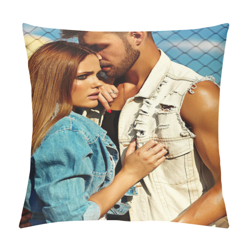 Personality  Sexy Stylish Blond Young Woman Model With Bright Makeup With Perfect Sunbathed Skin And Handsome Muscled Man In Jeans Outdoors Pillow Covers