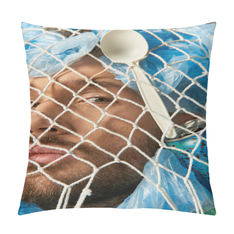 Personality  A Man's Face Is Partially Obscured By A Net Of Plastic Bags And A Plastic Spoon. Pillow Covers