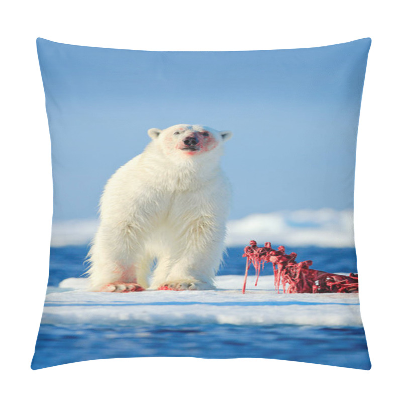 Personality  White Polar Bear Eating Killed Seal On Drift Ice With Snow, Manitoba, Canada. Bloody Nature With Big Animal. Arctic Wildlife Pillow Covers