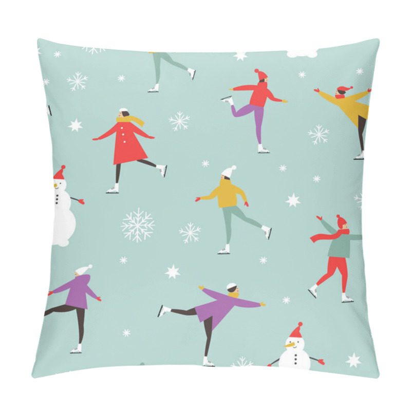 Personality  Vector Drawing Of People Skating, Merry Christmas Or Happy New Year's Seamless Pattern Pillow Covers