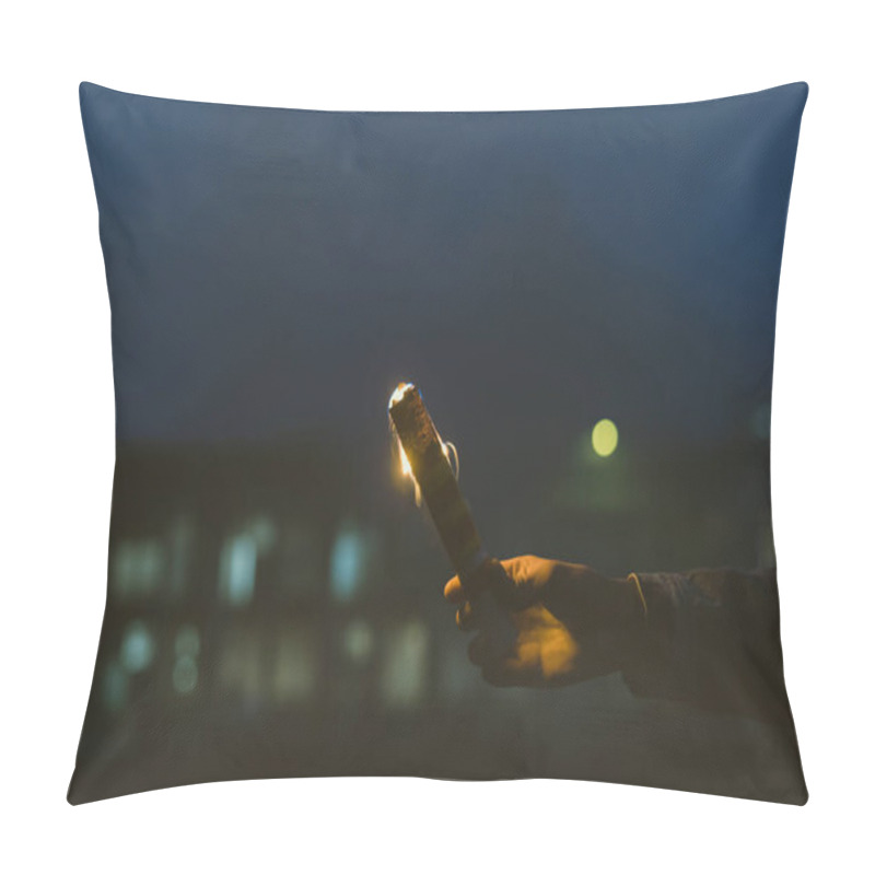 Personality  Cropped View Of Male Hand With Smoke Bomb With Fire At Night Pillow Covers