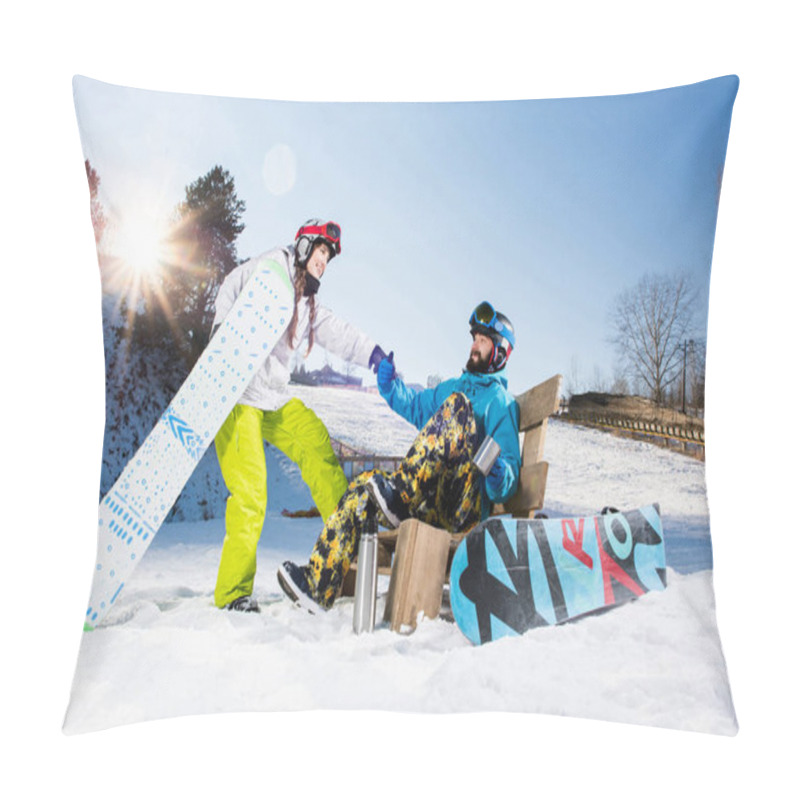 Personality  Young Couple Of Snowboarders  Pillow Covers