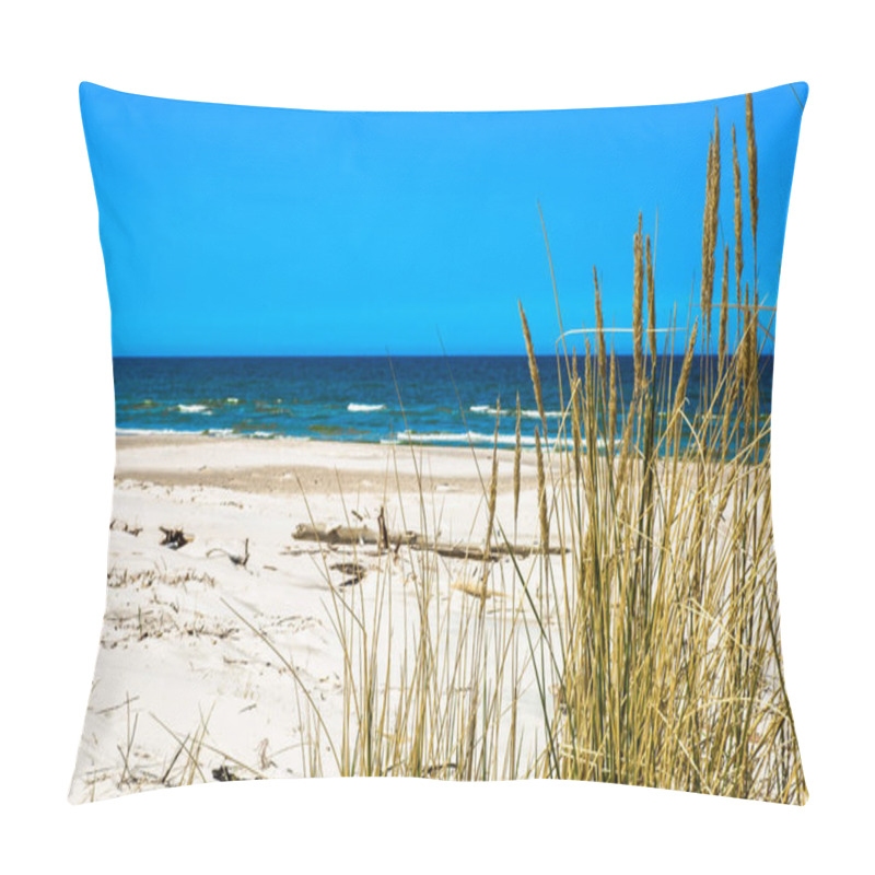 Personality  Sand Dunes With Grass And Deserted Sandy Beach Under Blue Sky, Summer Vacation, Travel Background Pillow Covers