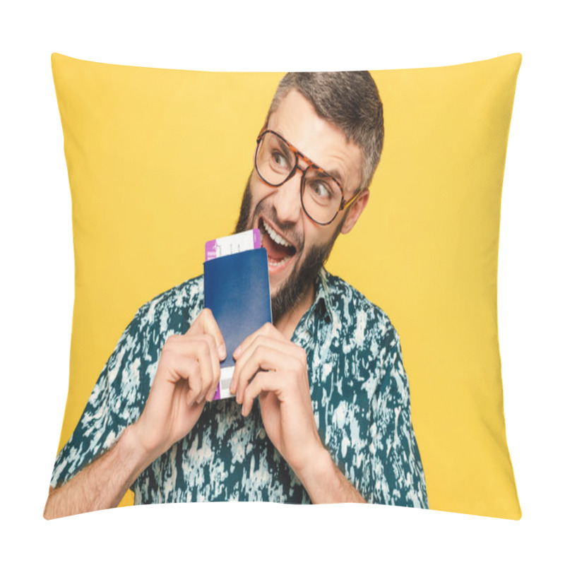 Personality  Crazy Bearded Guy In Glasses Eating Passport And Ticket Isolated On Yellow Pillow Covers