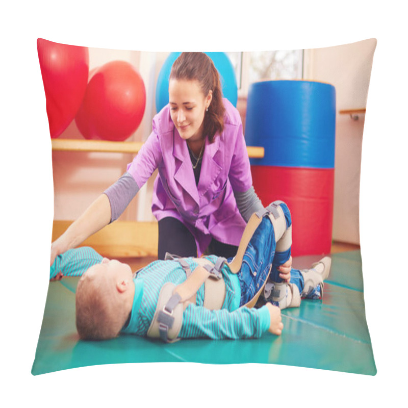 Personality  Cute Kid With Disability Has Musculoskeletal Therapy By Doing Exercises In Body Fixing Belts Pillow Covers