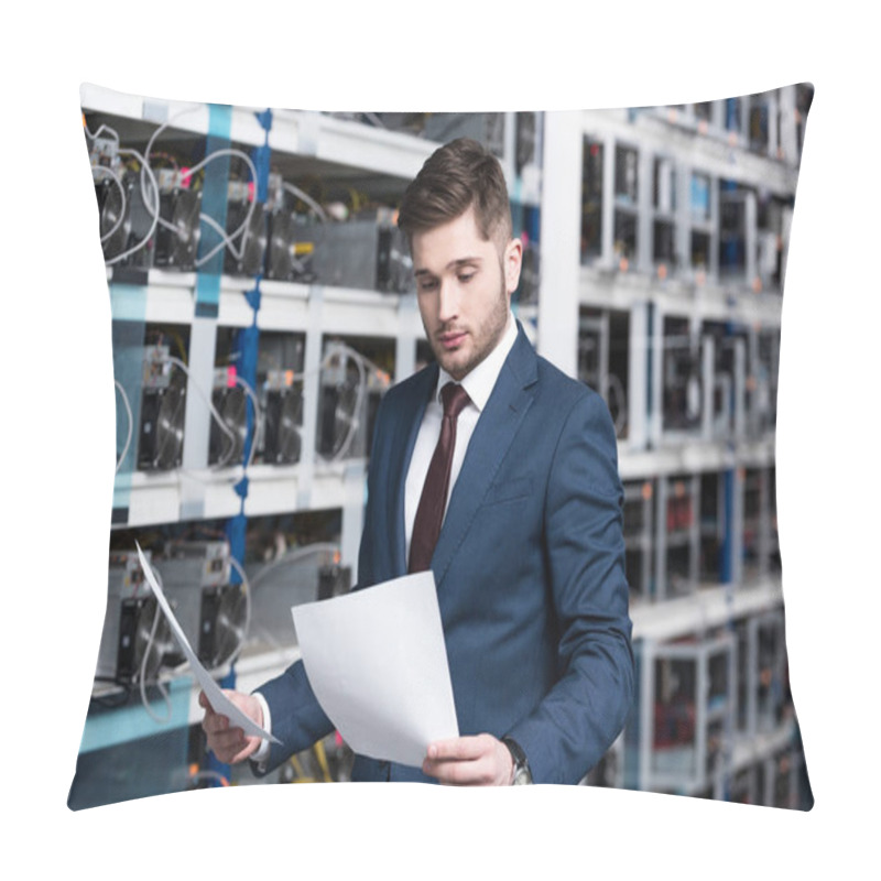 Personality  Handsome Young Businessman Reading Business Documents At Cryptocurrency Mining Farm Pillow Covers