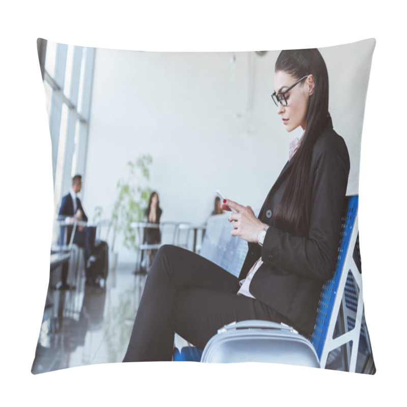 Personality  Young Businesswoman Using Smartphone At Departure Lounge In Airport Pillow Covers