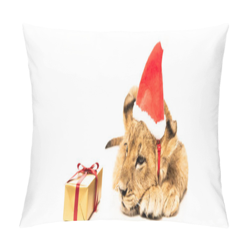 Personality  Cute Lion Cub In Santa Hat Near Golden Gift Isolated On White Pillow Covers