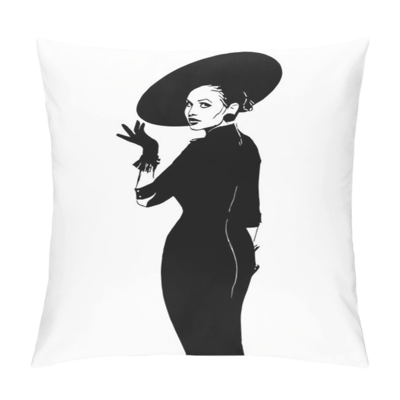 Personality  Vector Hand Drawn Sketch Of Lady In Hat Illustration On White Background Pillow Covers