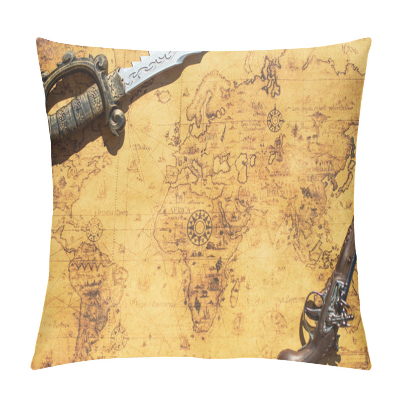 Personality  Old Treasure Map With Sword And Musket Gun. Pillow Covers