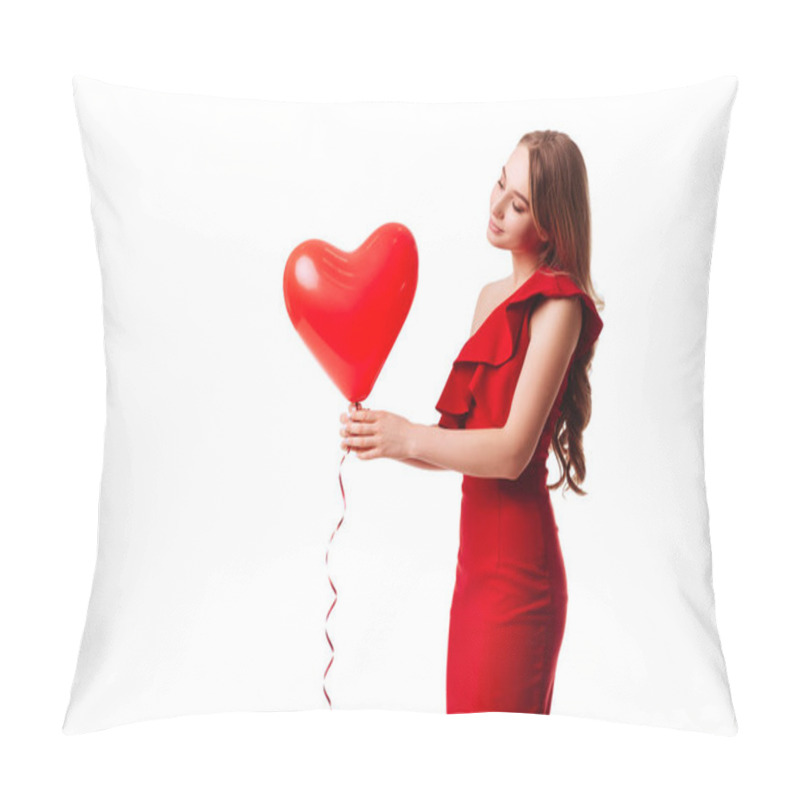 Personality  Attractive Young Girl In Red Dress Holding Valentines Day Helium Balloon Pillow Covers