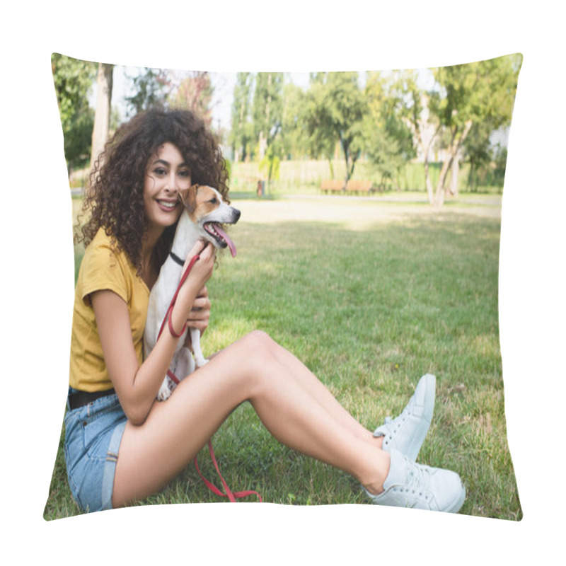 Personality  Selective Focus Of Young Woman Sitting On Grass With Dog And Looking At Camera Pillow Covers