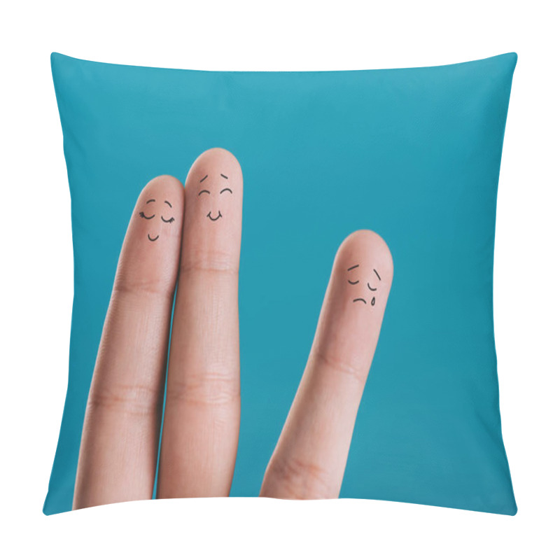 Personality  Cropped View Of Fingers As Happy Couple In Love And Third Wheel Isolated On Blue Pillow Covers