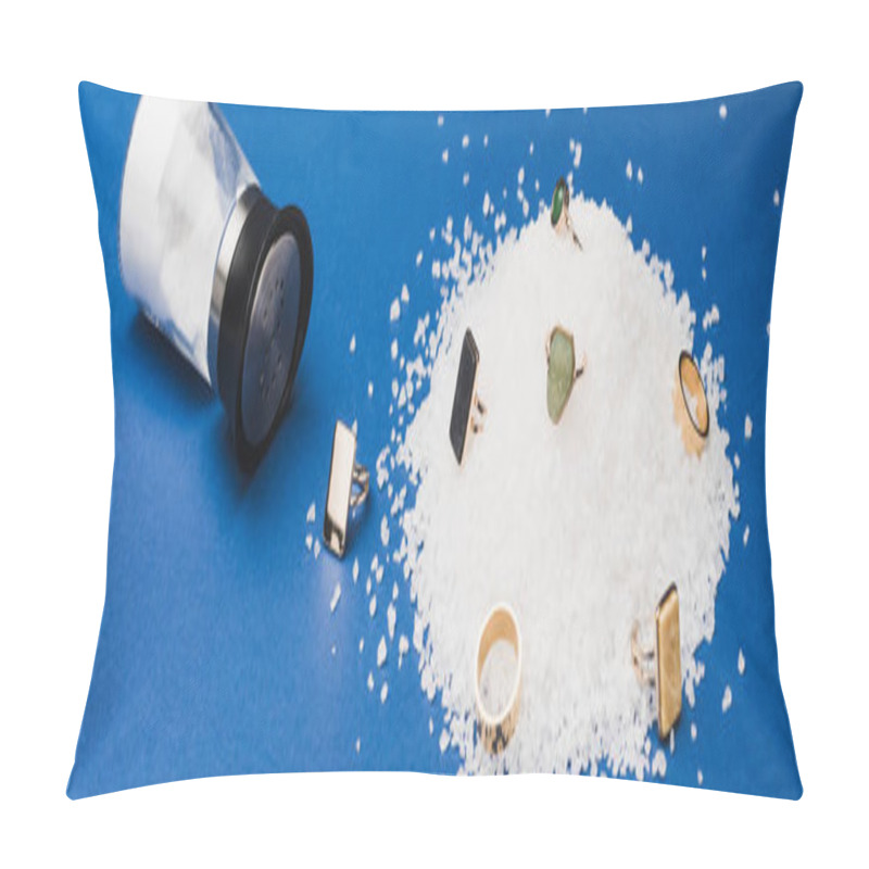 Personality  Panoramic Shot Of Jewellery Rings On Salt By Salt Shaker On Blue Background Pillow Covers