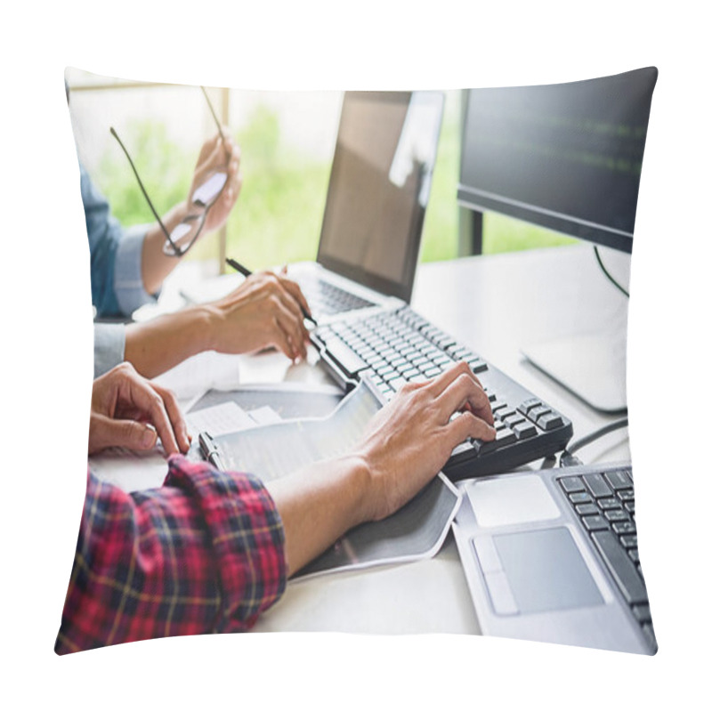 Personality  Programmers Working In A Software Development And Coding Technologies. Website Design.Technology Concept. Pillow Covers