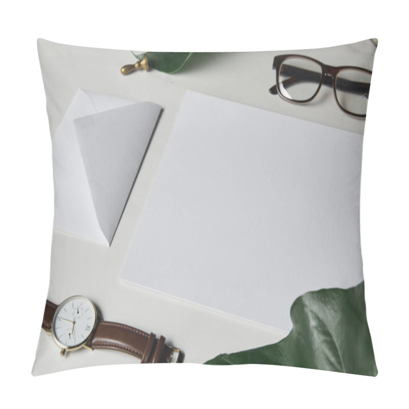 Personality  Letter Template With Glasses And Watch On White Marble Background With Monstera Leaves Pillow Covers