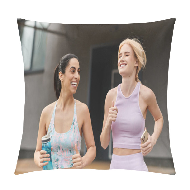 Personality  Two Young Women Run Happily Side By Side, Laughing And Enjoying Their Time Outdoors. Pillow Covers