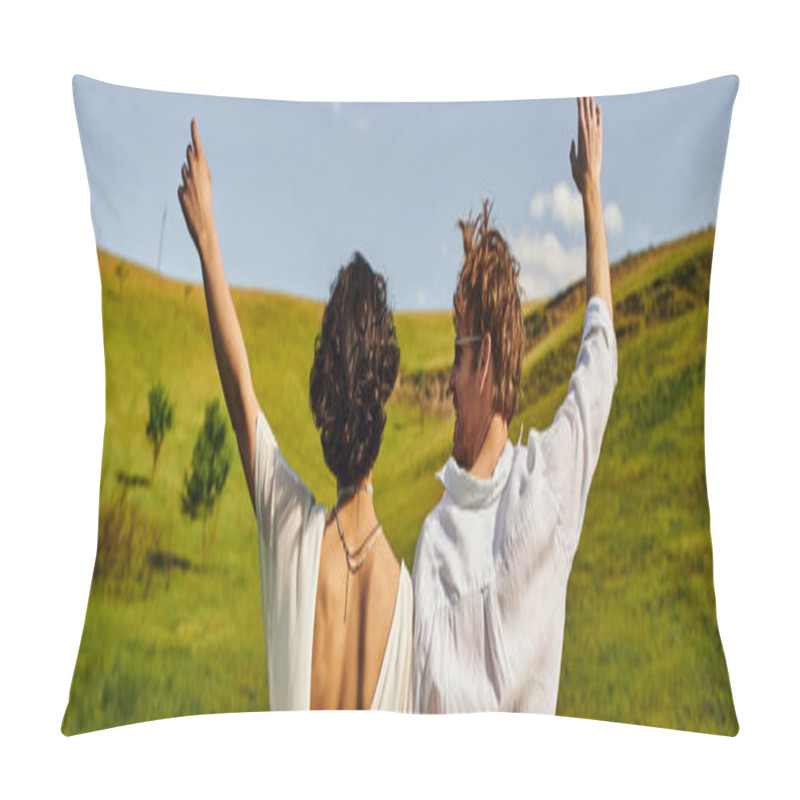 Personality  Bride In Wedding Dress Holding Hands With Happy Groom In Field, Just Married Couple, Banner Pillow Covers