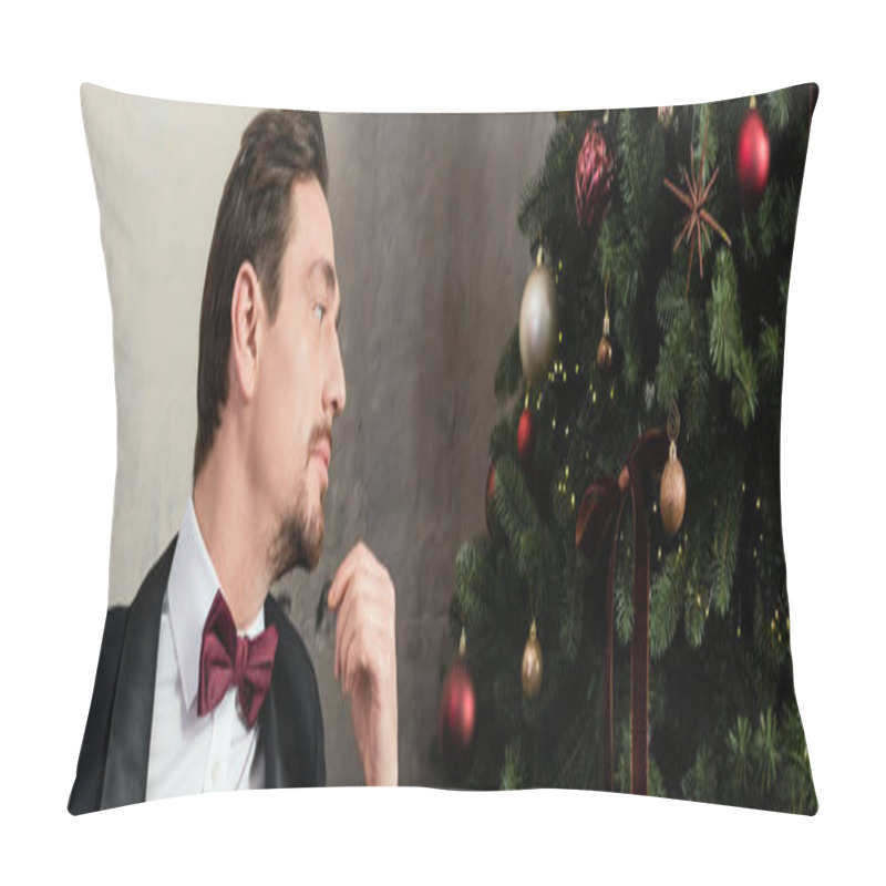 Personality  Well-dressed Gentleman With Beard Wearing Tuxedo With Bow Tie Looking At Christmas Tree, Banner Pillow Covers